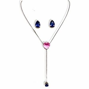 Silver Plated Pink Heart long necklace set